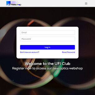 UFI Webshop login page with optical lens background and welcome message for the UFI Club.