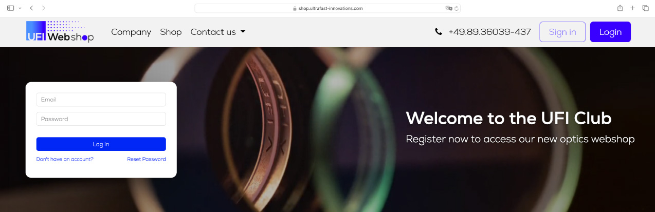 UFI Webshop login page with optical lens background and welcome message for the UFI Club.